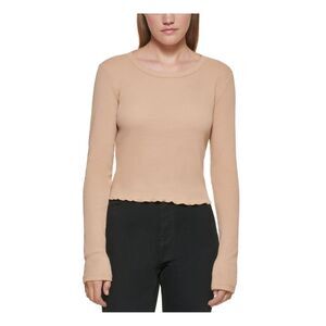 CALVIN KLEIN JEANS Womens Beige Fitted Long Sleeve Crew Neck Crop Top XL